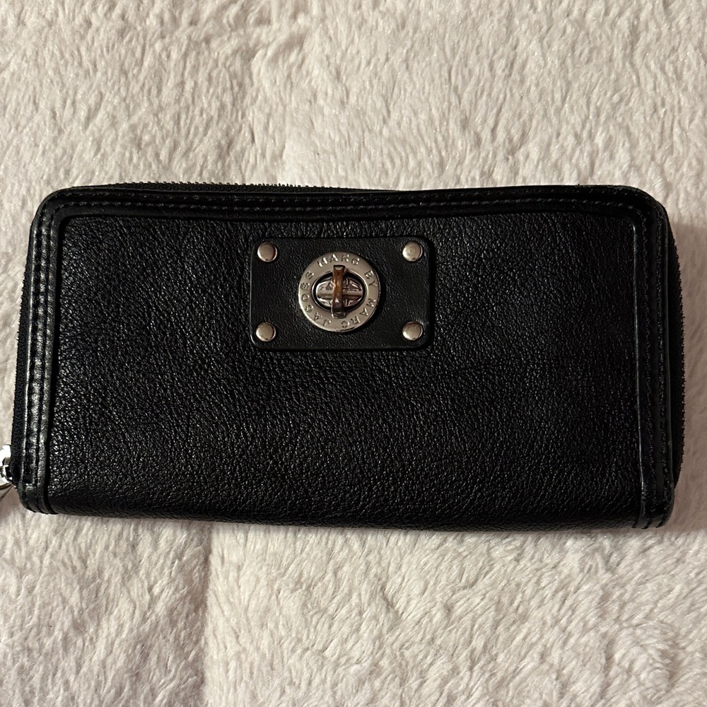 Mark By Mark Jacobs Black Leather ZIP Around Wallet with Metal Logo Plate